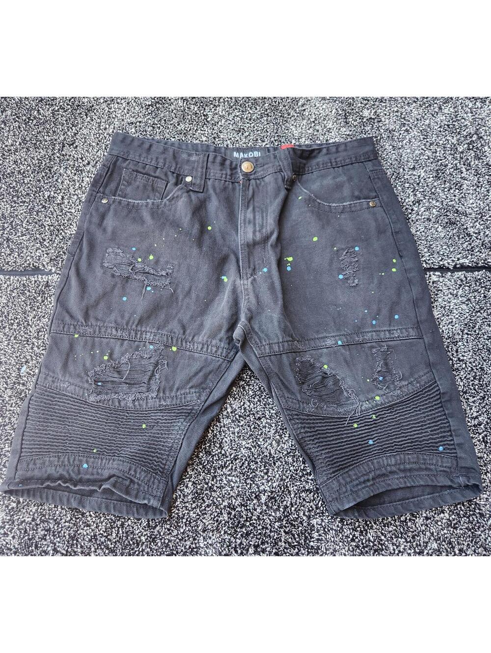Y2K Makobi Men's Distressed Acid Wash Dark Blue and Brown Denim Shorts Size 36